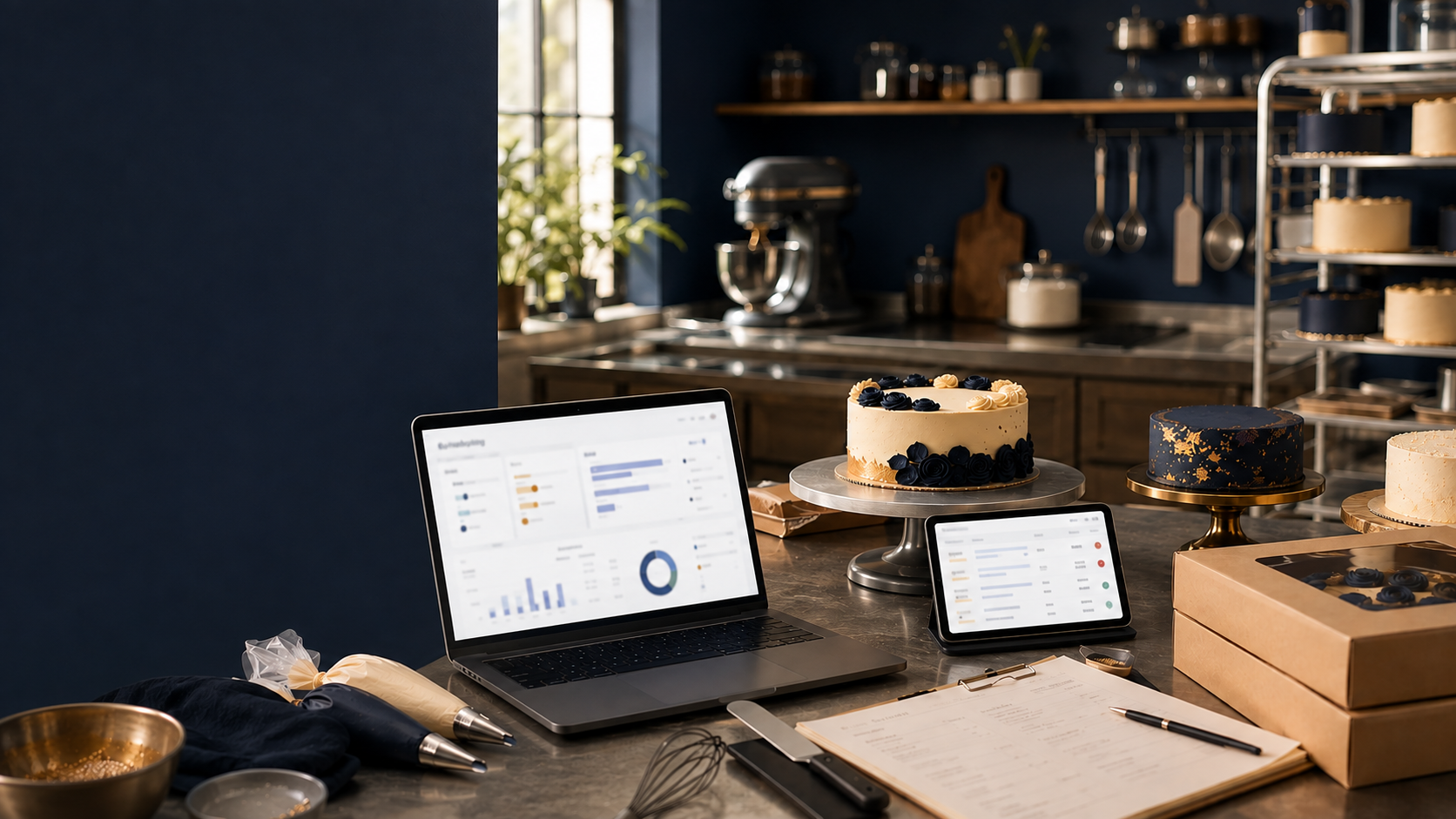 A bakery counter with a laptop and tablet showing BakeDrama order reports, cakes cooling nearby