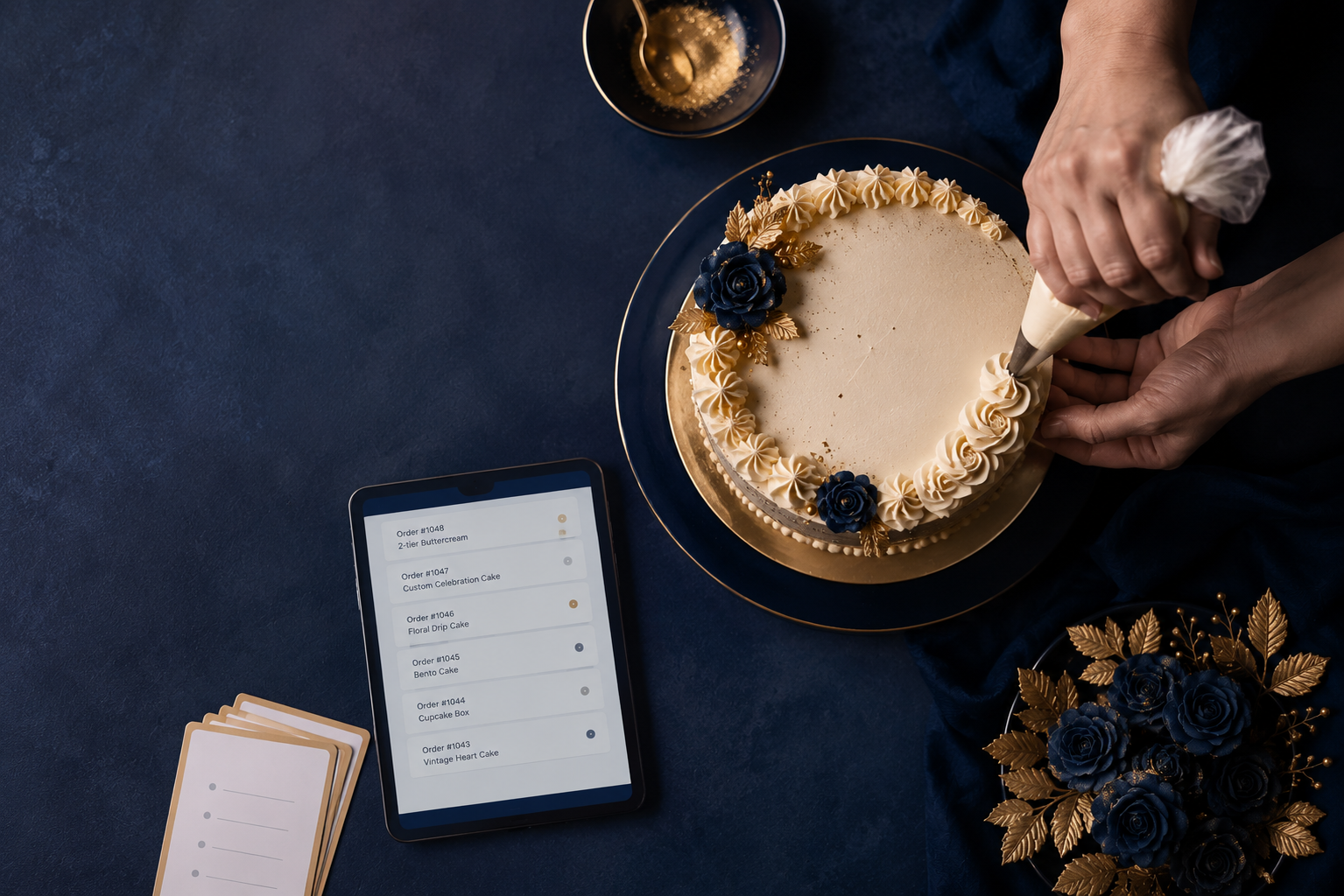 Piping buttercream onto a cake next to a tablet showing a live BakeDrama order list