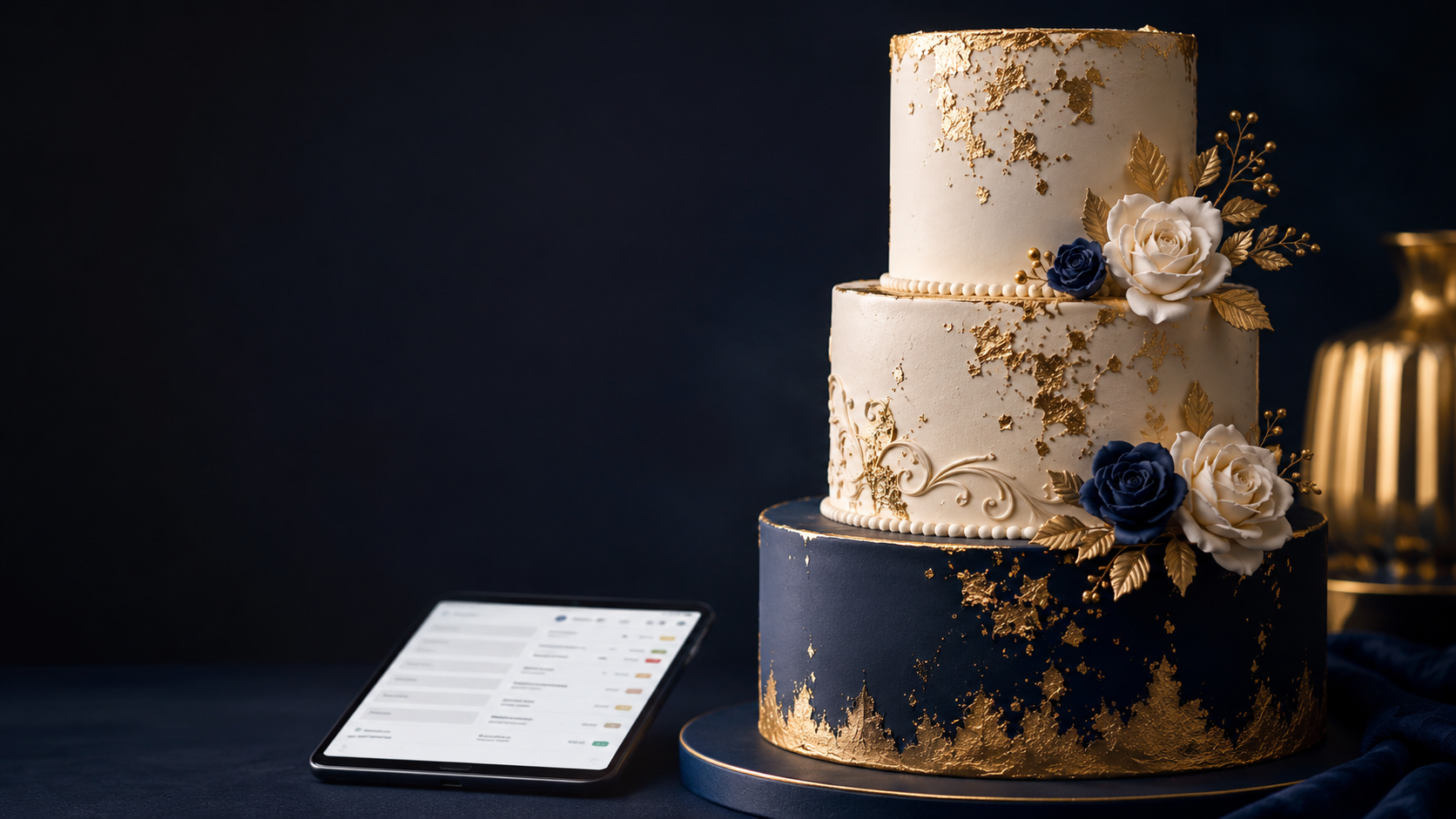 An elegant three-tier navy and gold cake next to a phone showing BakeDrama order notifications